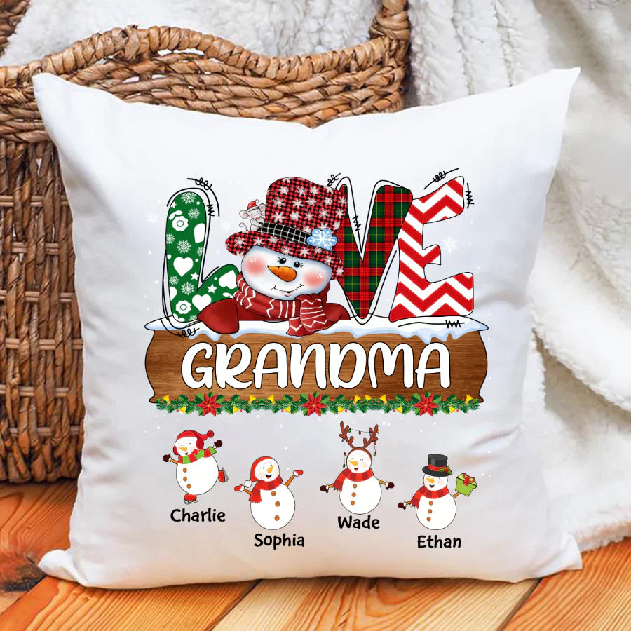 Personalized Grandma Snowman Shirt Grandma With Grandkids Name Christmas Indoor Pillow