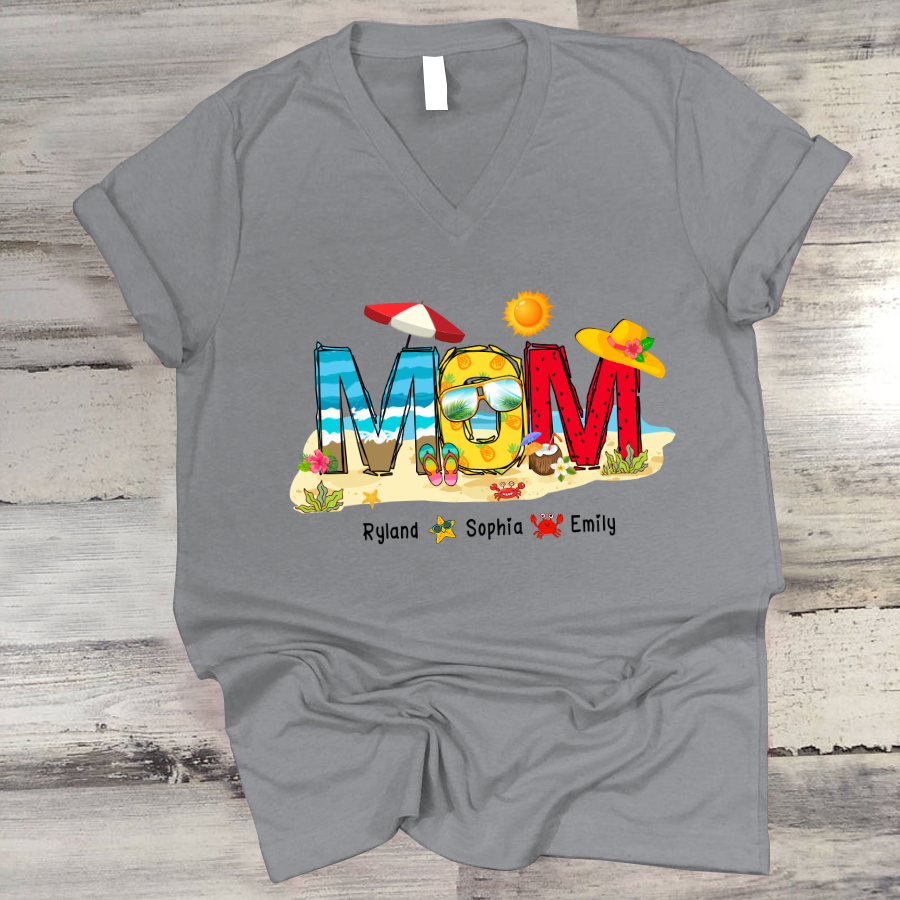 Personalized Nana Grandma Summer Beach Color Kid Names Custom V-Neck