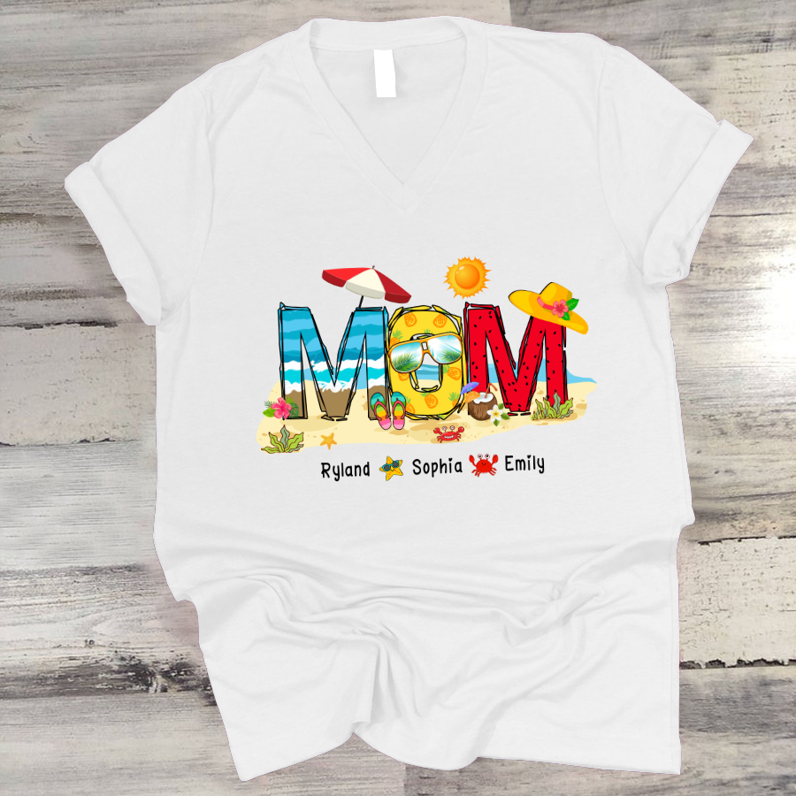 Personalized Nana Grandma Summer Beach Color Kid Names Custom V-Neck