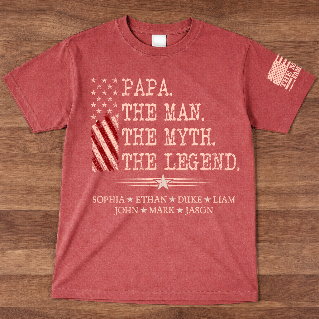 Custom Papa Shirt The Man The Myth The Legend with Kids Names, Vintage American Flag Dad Tee, Patriotic Gift for Father