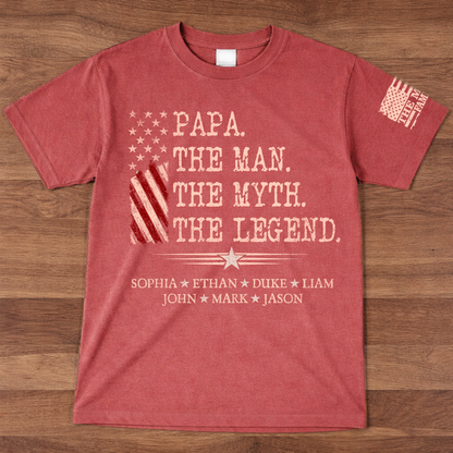Custom Papa Shirt The Man The Myth The Legend with Kids Names, Vintage American Flag Dad Tee, Patriotic Gift for Father