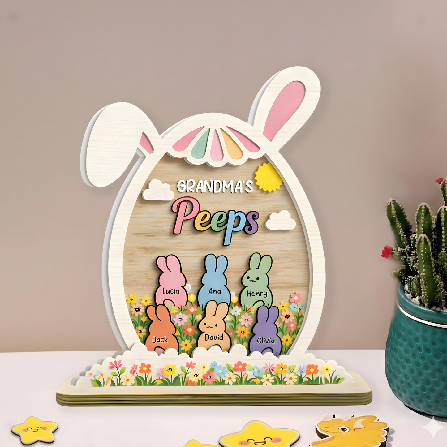 Personalized Easter 2-Layer Wooden Plaque - Custom Family Name Spring Decor for Grandma