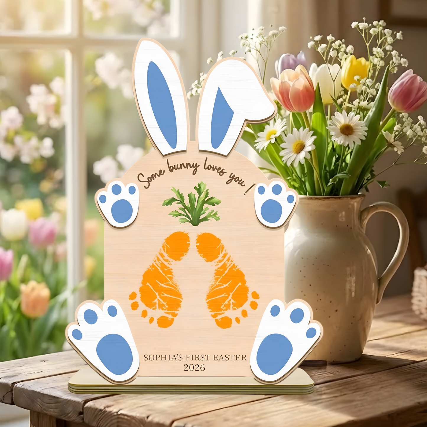 Personalized First Easter Wooden Plaque - "Some Bunny Loves You" with Baby’s Footprints, Custom Name and Date