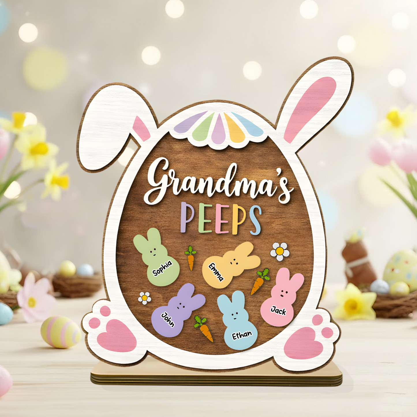 Personalized Easter Wooden Plaque - Custom Family Names with Bunny Design for Grandma, Spring Decor Gift