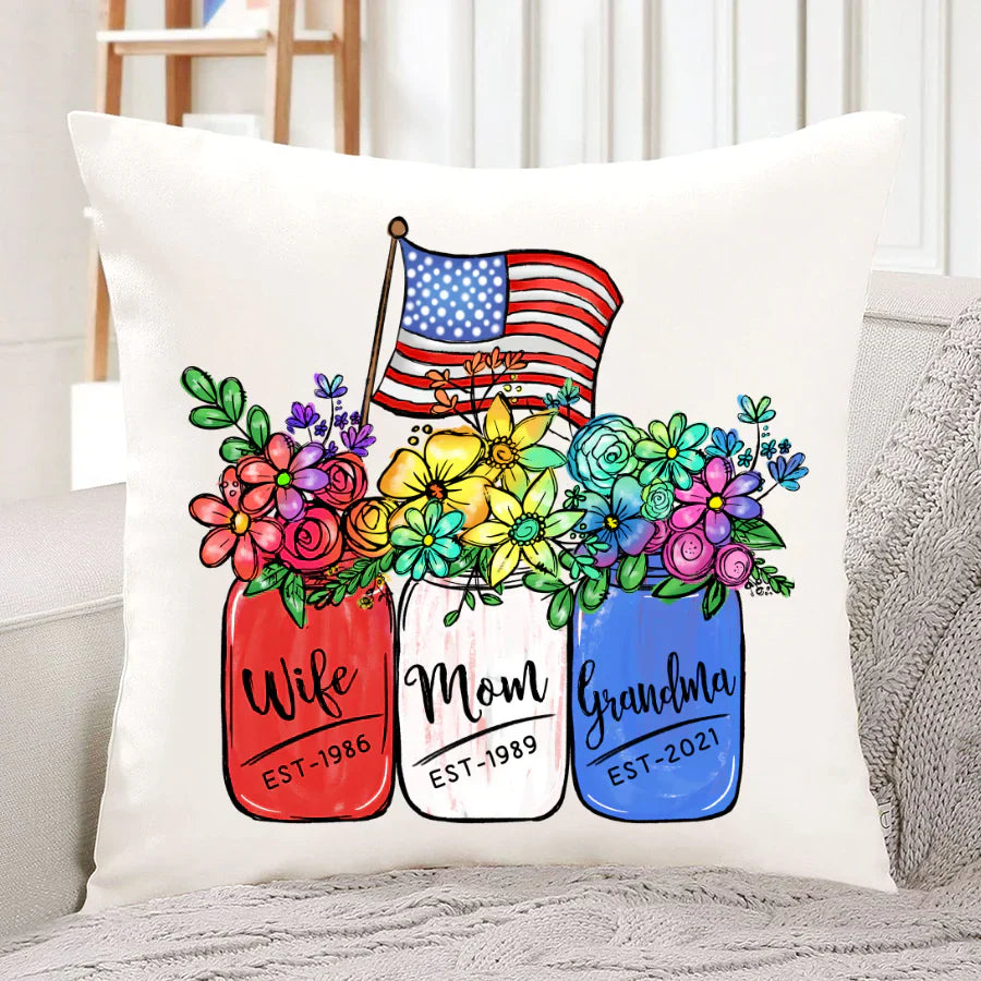 America Flag and Rainbow Floral Peace Wife Est Mom Est Grandma Est Indoor Pillow