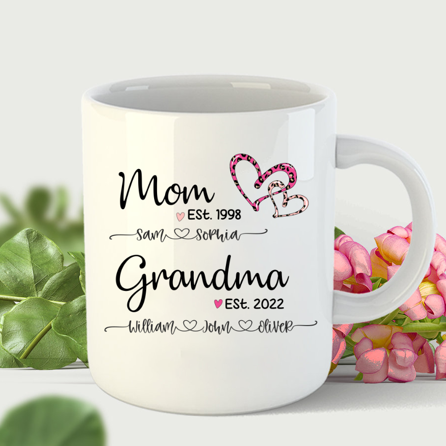 Mom Est Grandma Est And Kids Name Heart Pink Leopard Mug