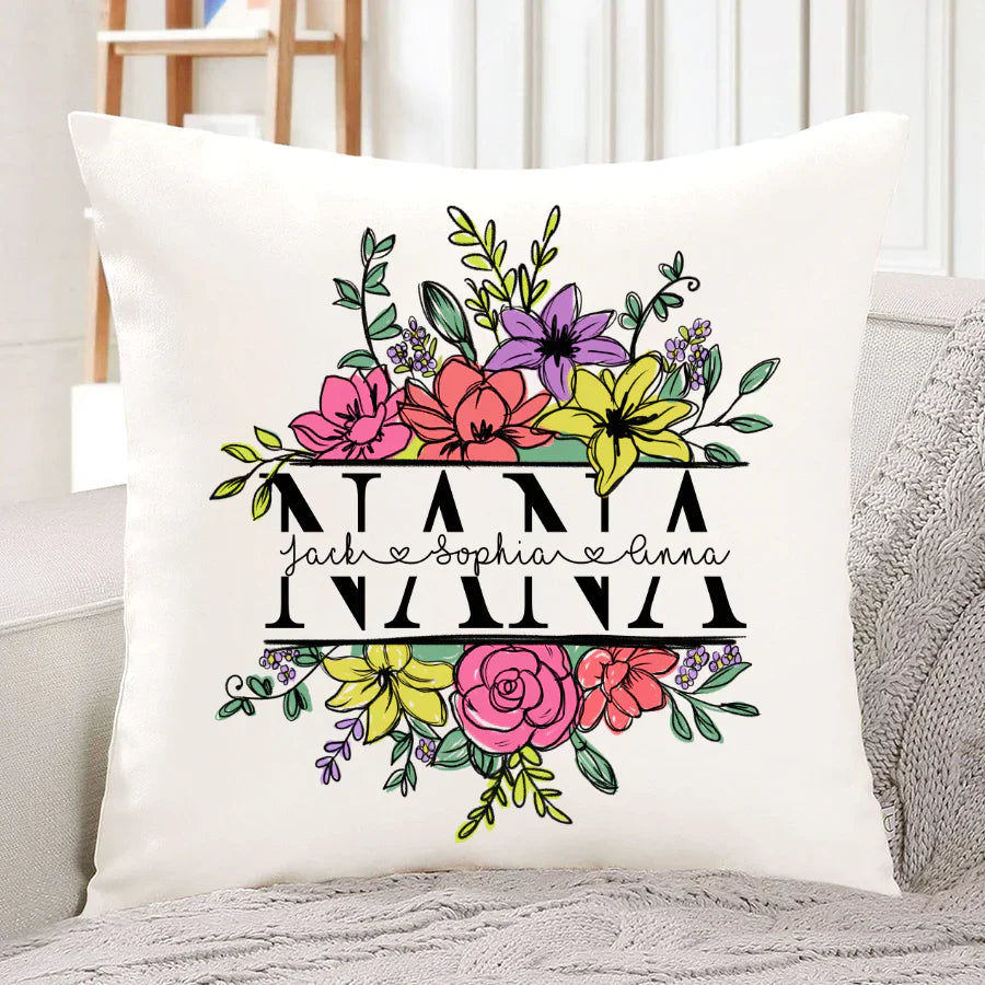 Personalize Nana And Kids Flowers Watercolor Indoor Pillow