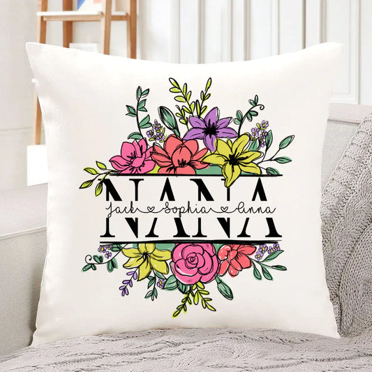 Personalize Nana And Kids Flowers Watercolor Indoor Pillow