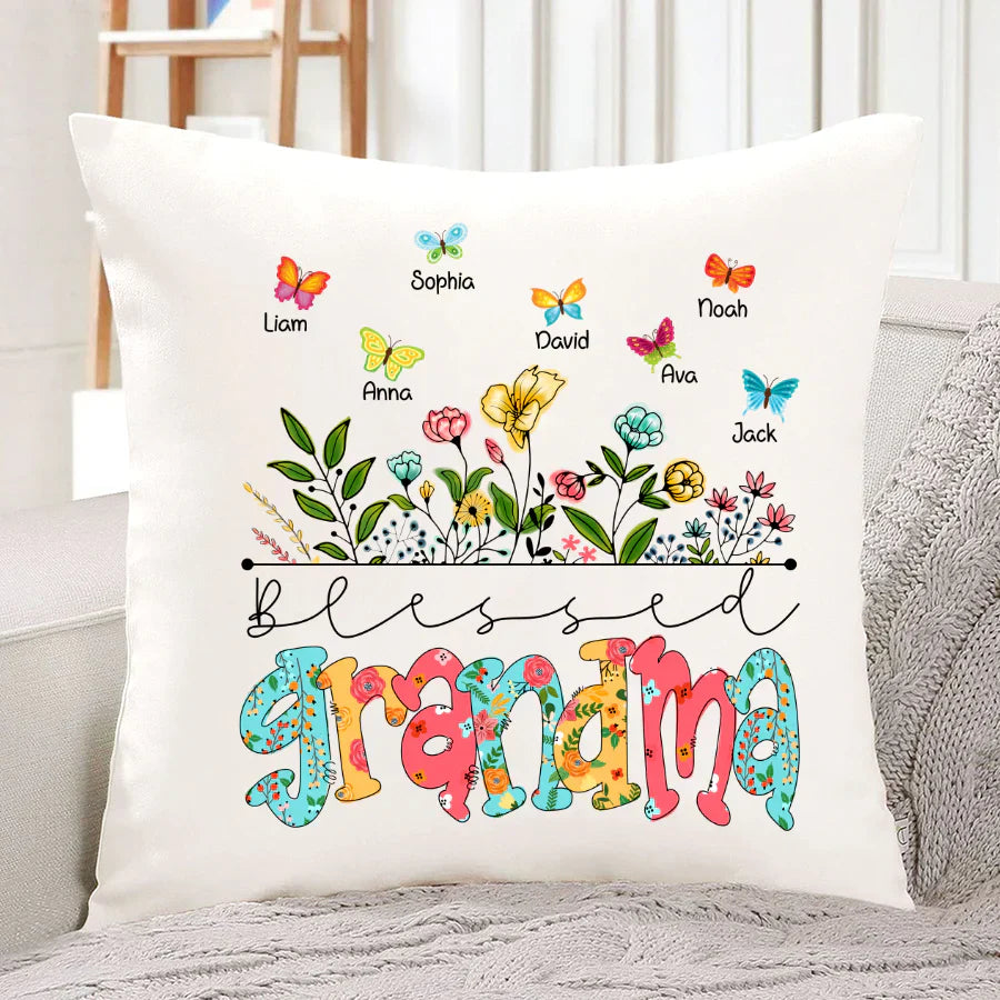 Personalized Blessed Grandma Wildflowers And Butterflies Shirts For Grandma Indoor Pillow