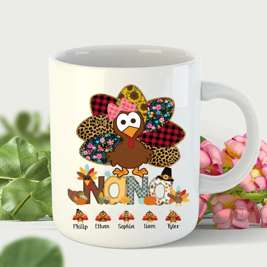 Personalized Nana Thanksgiving Turkey Floral Leopard Mug