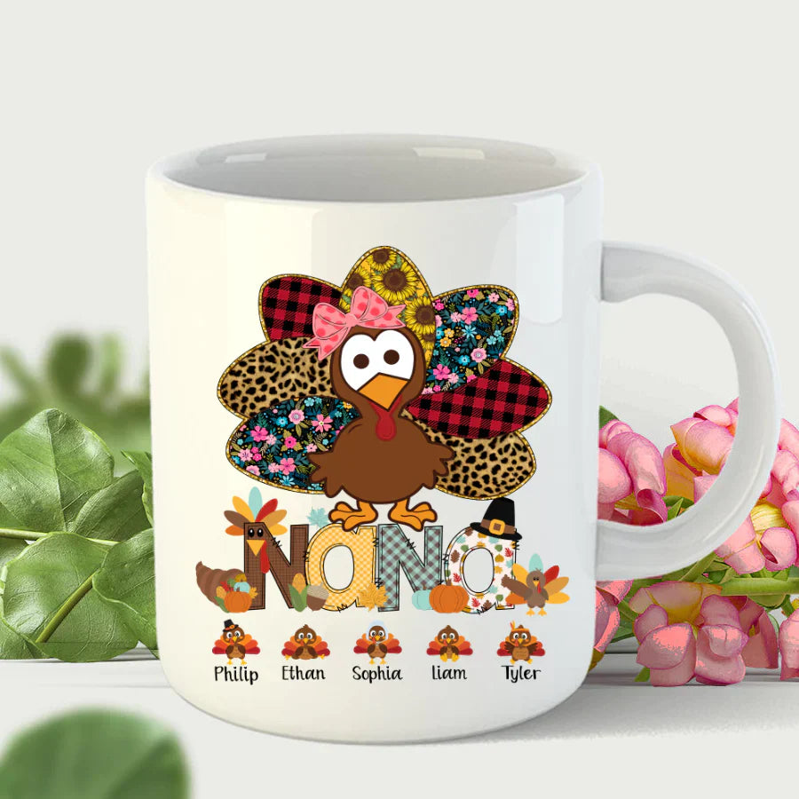 Personalized Nana Thanksgiving Turkey Floral Leopard 2022 Mug