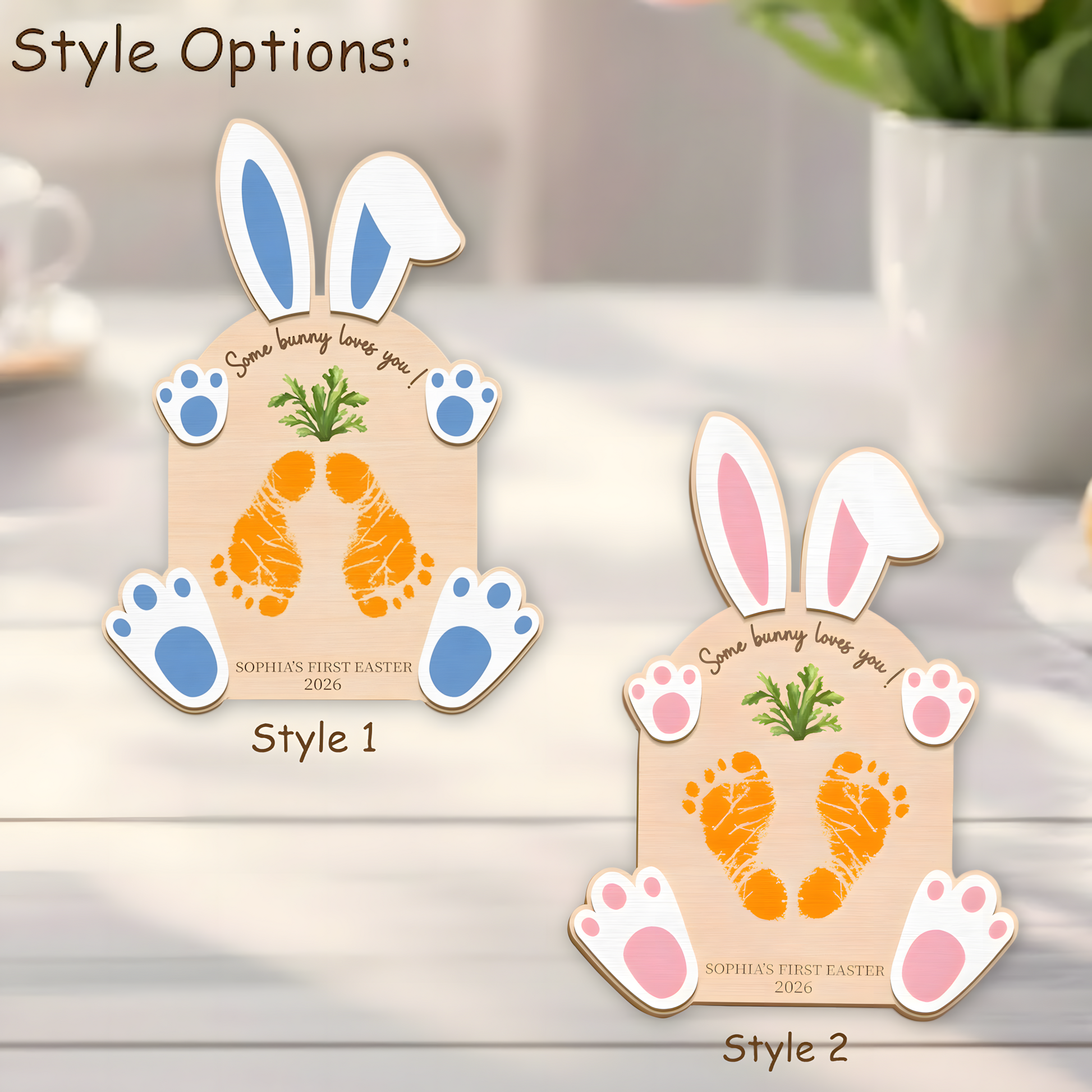 Personalized First Easter Wooden Plaque - "Some Bunny Loves You" with Baby’s Footprints, Custom Name and Date