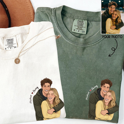 Custom Cartoon Couple Portrait Comfort Colors Shirt, Personalized Photo Illustration T Shirt, Matching Couple Tee with Names, Cute Romantic Outfit for Couples