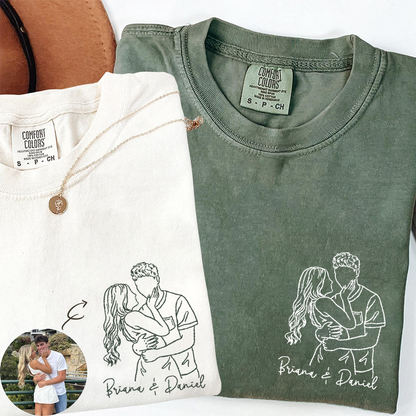 Custom Couple Line Art Comfort Colors Shirt, Personalized Photo Outline Portrait T Shirt, Matching Couple Shirt, Minimal Drawing Love Design