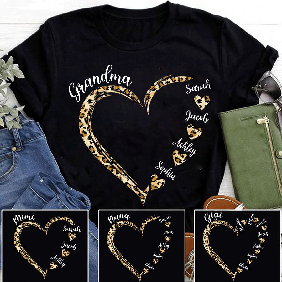 Grandma and Grandkids Hearts Leopard Mother's Day T-Shirt