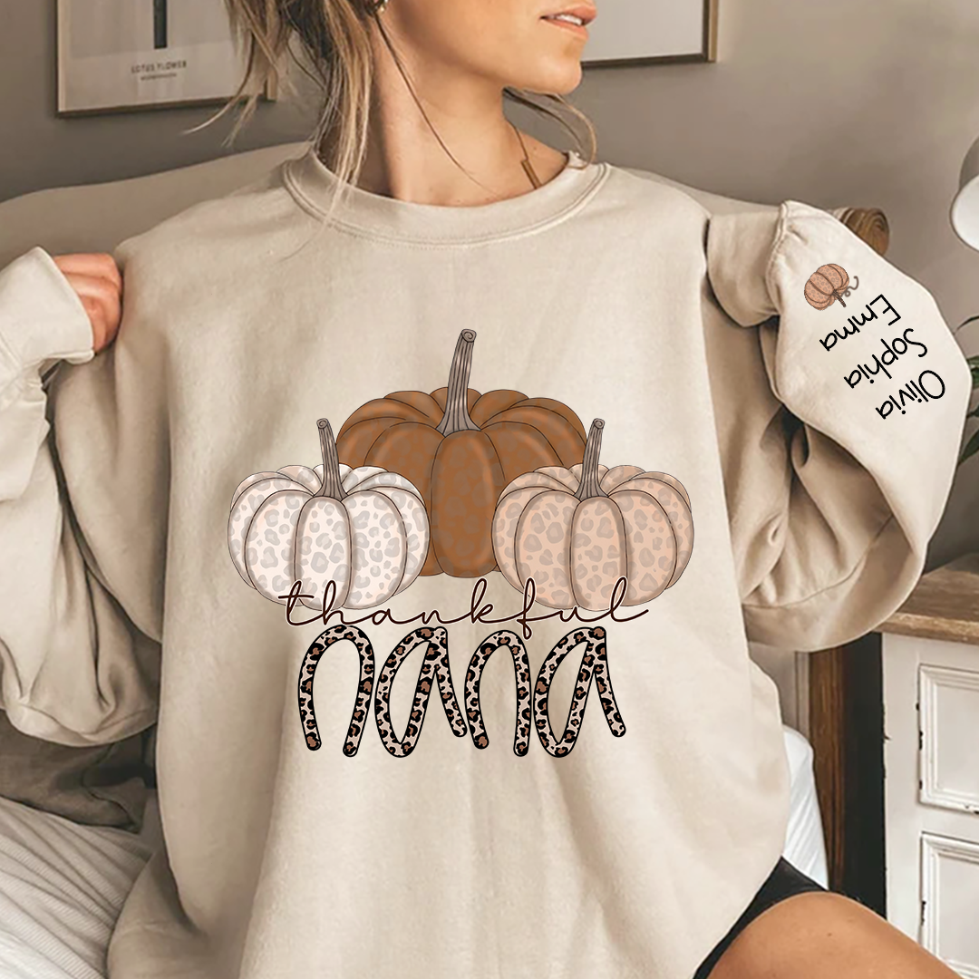 Thankful Nana Pumpkin Leopard and Grandkids on sleeve Sweatshirt