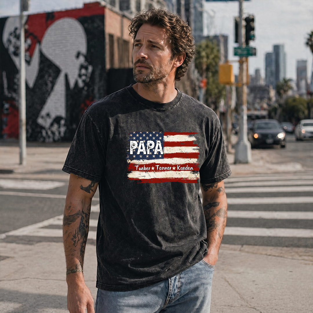 Personalized Papa American Flag Mineral Wash T Shirt, Custom Kids Names Patriotic Tee, Grandpa Father's Day USA Independence Apparel Mineral Wash T-Shirt