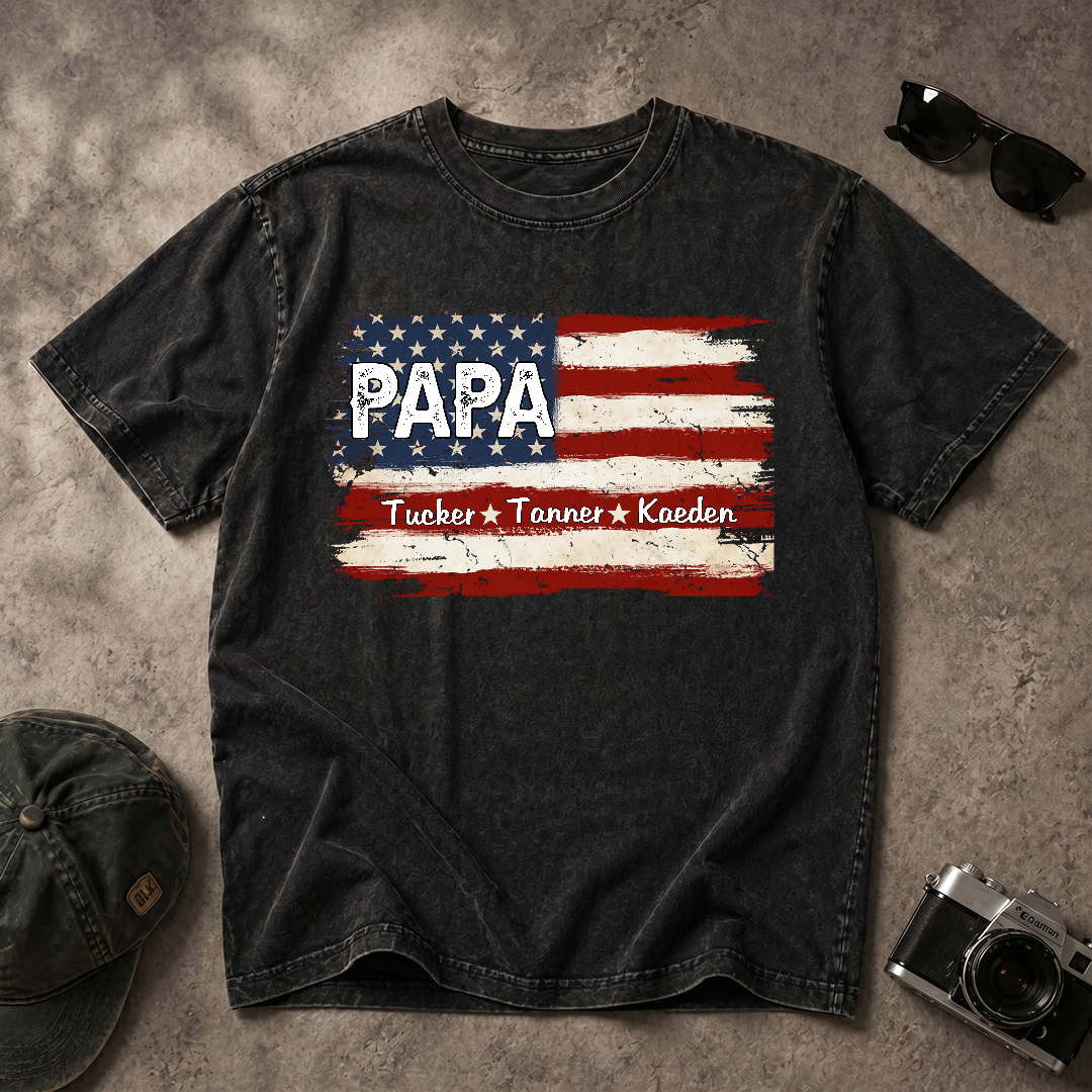 Personalized Papa American Flag Mineral Wash T Shirt, Custom Kids Names Patriotic Tee, Grandpa Father's Day USA Independence Apparel Mineral Wash T-Shirt