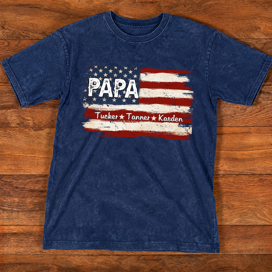Personalized Papa American Flag Mineral Wash T Shirt, Custom Kids Names Patriotic Tee, Grandpa Father's Day USA Independence Apparel Mineral Wash T-Shirt
