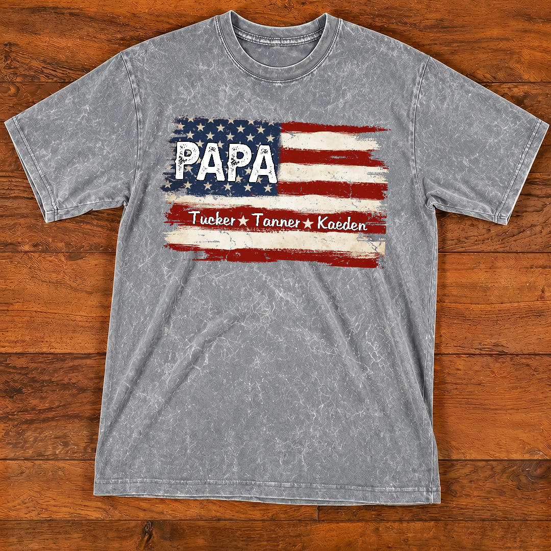 Personalized Papa American Flag Mineral Wash T Shirt, Custom Kids Names Patriotic Tee, Grandpa Father's Day USA Independence Apparel Mineral Wash T-Shirt