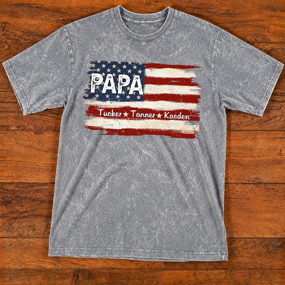 Personalized Papa American Flag Mineral Wash T Shirt, Custom Kids Names Patriotic Tee, Grandpa Father's Day USA Independence Apparel Mineral Wash T-Shirt