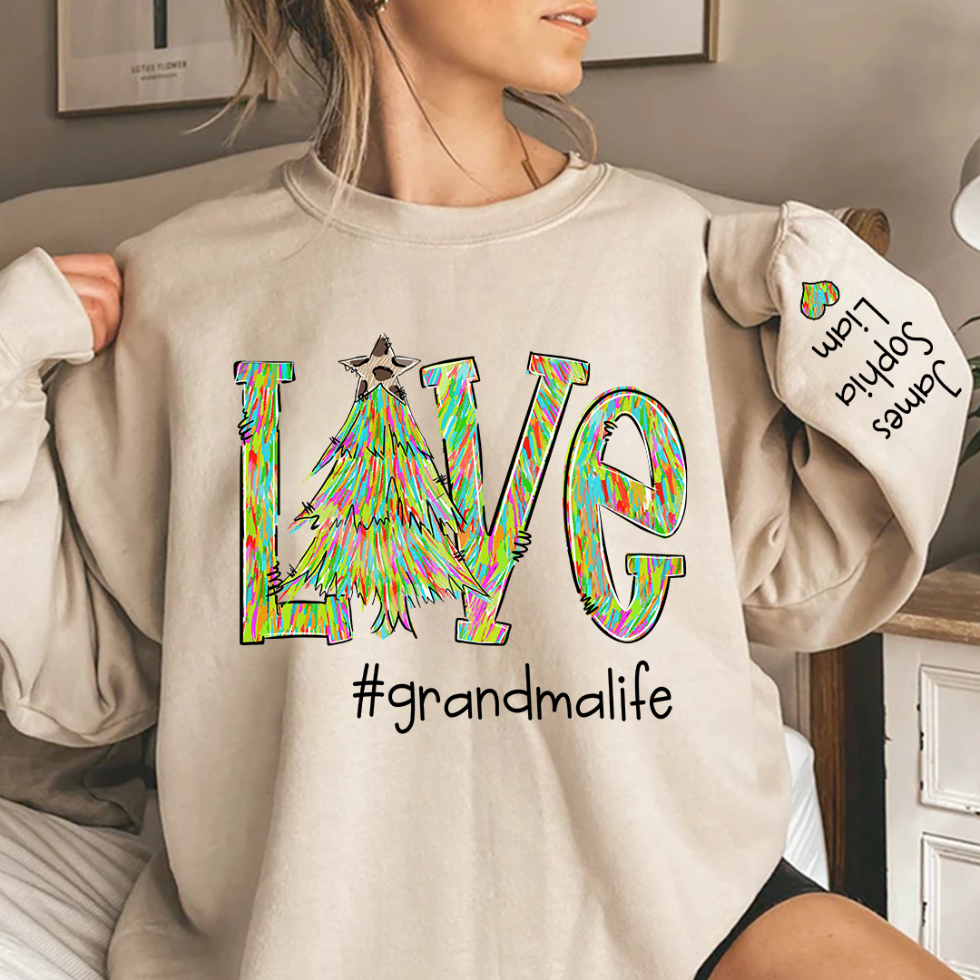 Love Tree Color Leopard Print Merry Christmas Grandmalife and Grandkids on sleeve Sweatshirt