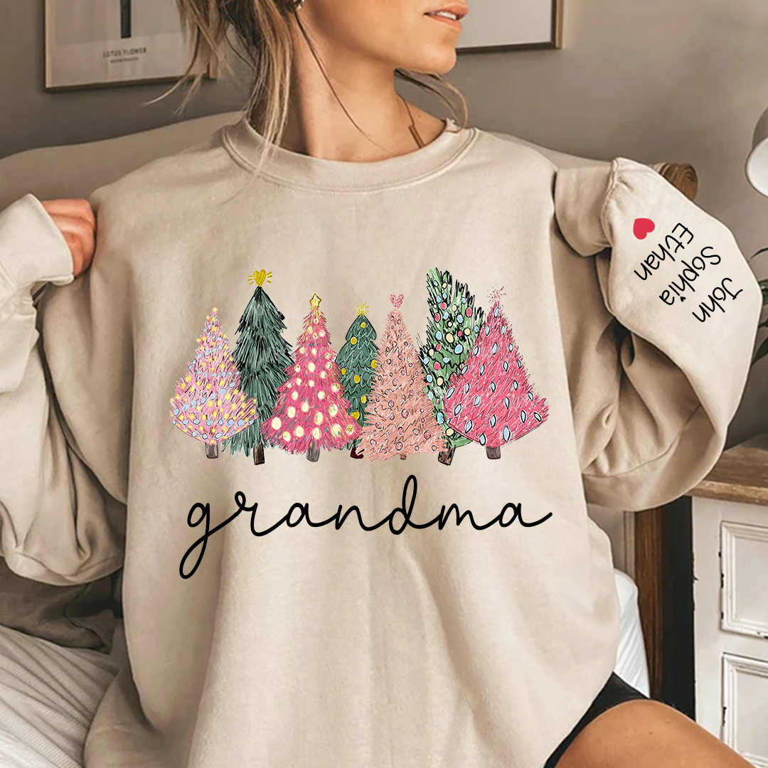 Grandma Christmas trees lights snow pink green cozy winter And Grandkids Names  Sweatshirt