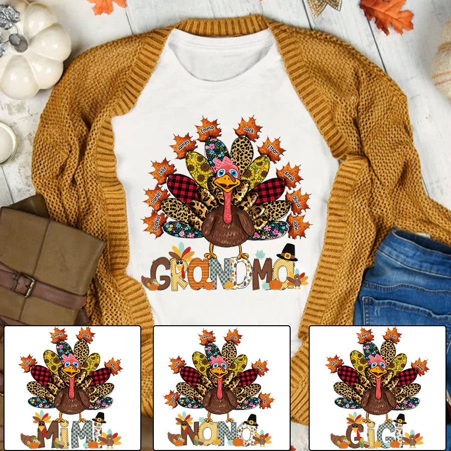 Personalized Grandma Grandkids Thanksgiving Turkey T-Shirt