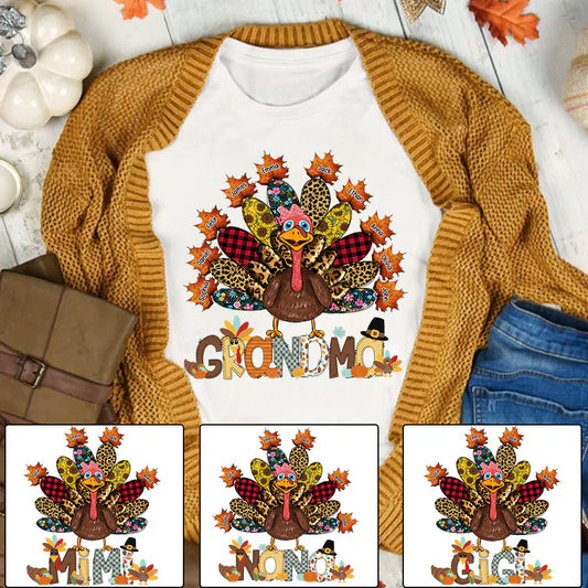 Personalized Grandma Grandkids Thanksgiving Turkey T-Shirt
