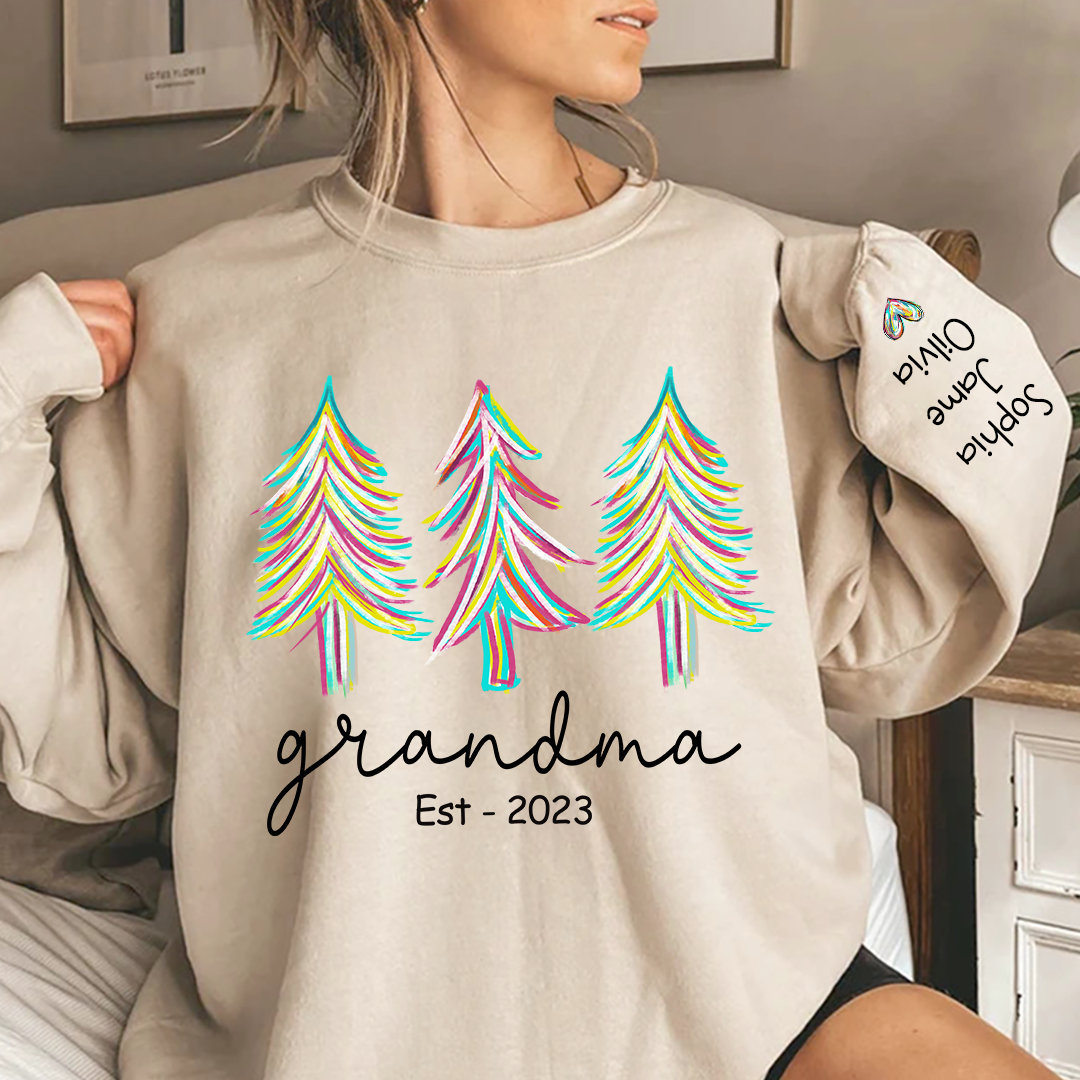 Grandma Est Christmas trees color paint And Grandkids Names Sweatshirt