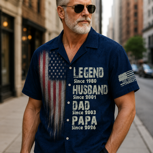 Personalized America 250th Anniversary Father's Day Hawaiian Shirt, Custom Patriotic Dad Gift, 4th of July Aloha Shirt for Grandpa, 1776 Hawaiian