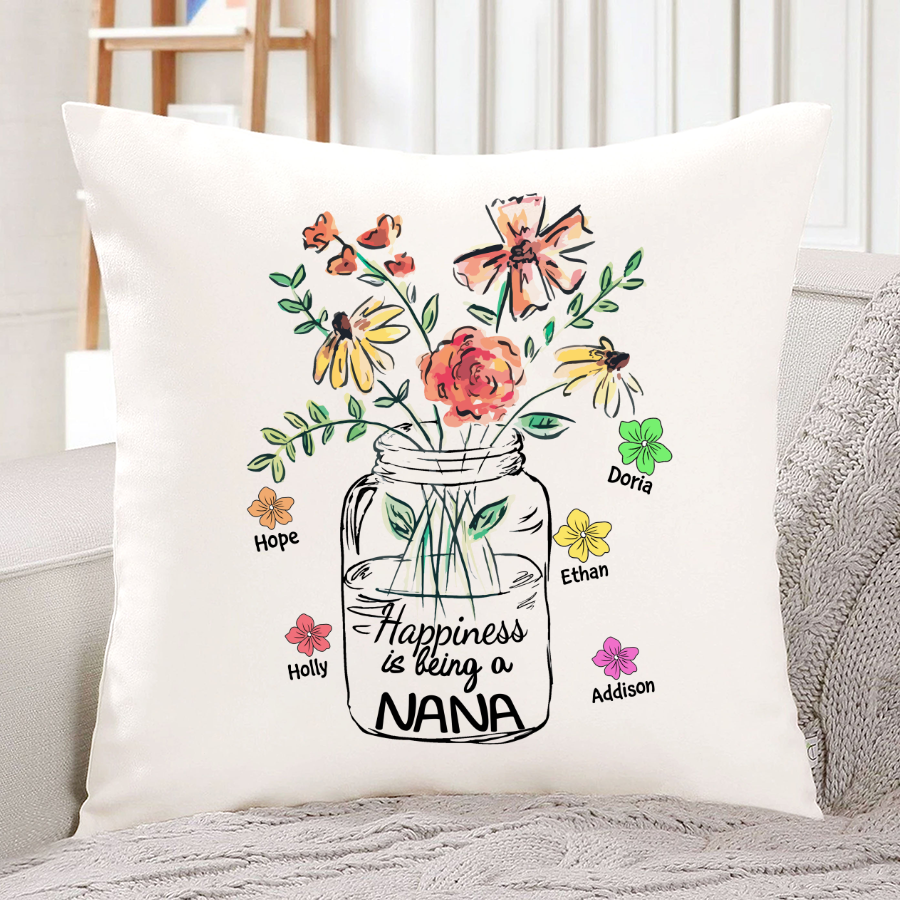 Nana And Grandkids Flowers, Gift For Mother's Day Indoor Pillow