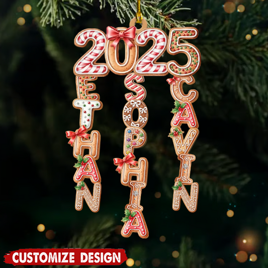 Personalized Gingerbread Family Name Ornament 2025 – Custom Hanging Christmas Tree Decoration with Kids’ Names, Holiday Keepsake Gift Ornament