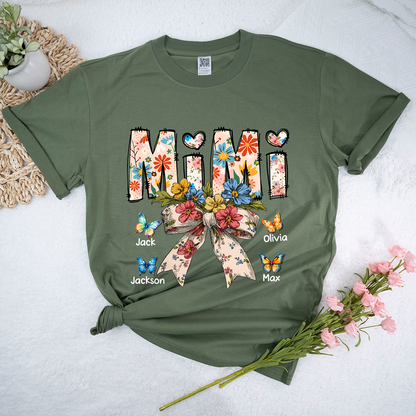 Personalized Mimi Flower Bow Butterfly With Grandkids Mother's Day TH T-Shirt