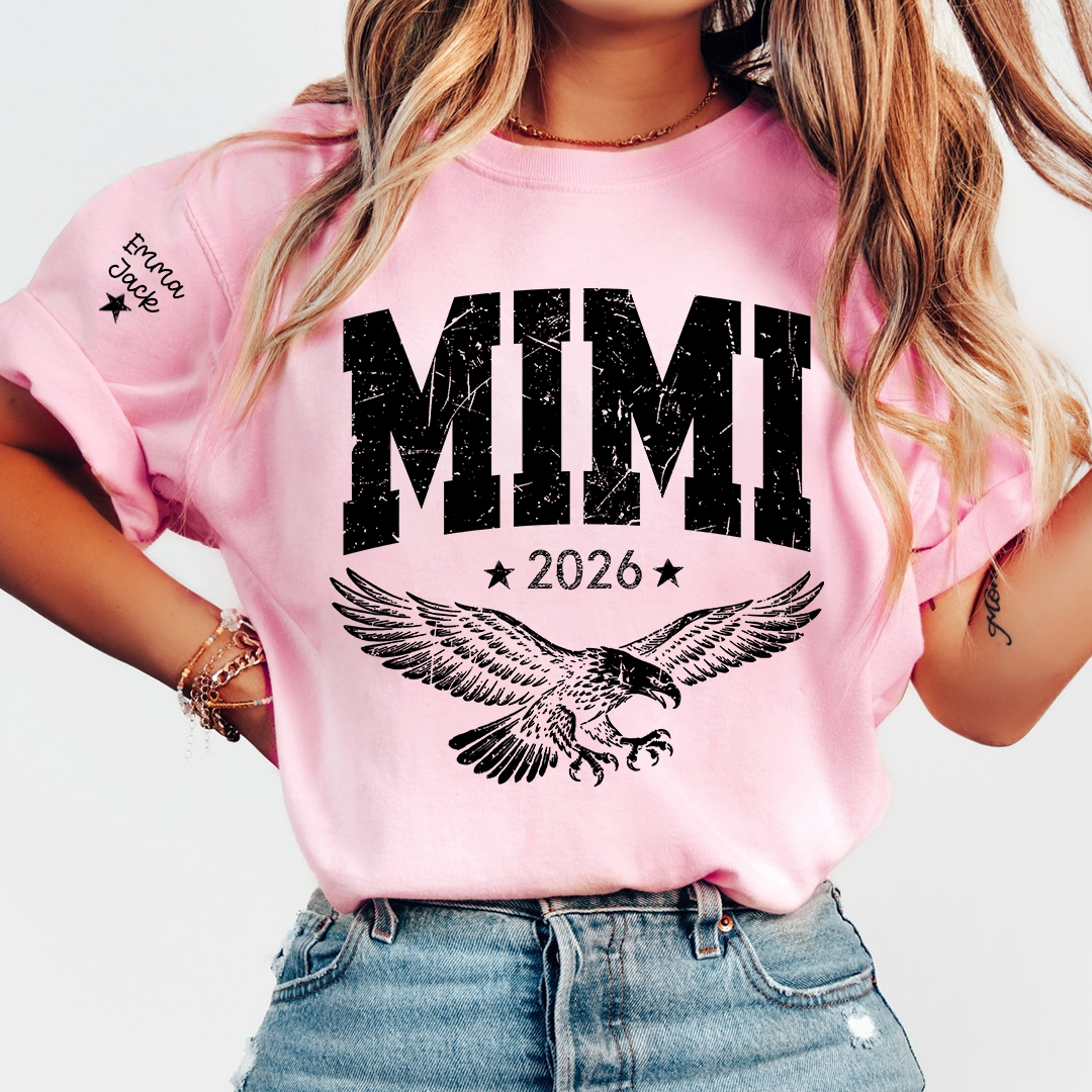 Personalized Grandma T-Shirt, Mimi Est, Custom Names On Sleeve Shirt with Eagle & Custom Names
