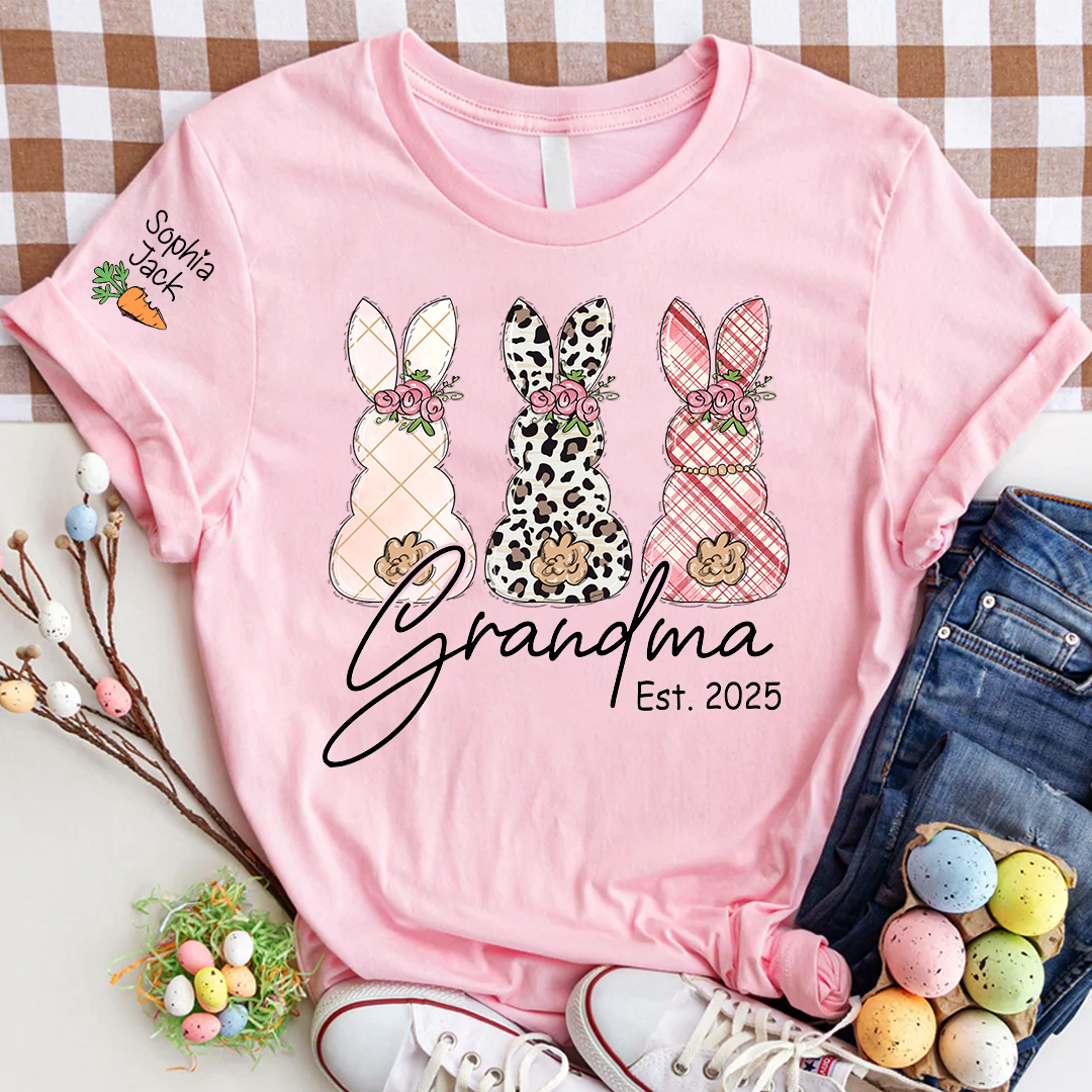 Personalized Grandma Bunny Shirt, Custom Names Easter Bunny Graphic T-Shirt