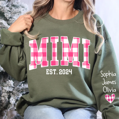 Custom Nickname Mimi Buffalo Plaid Pink And GrandKids Names Christmas 2024 Sweatshirt