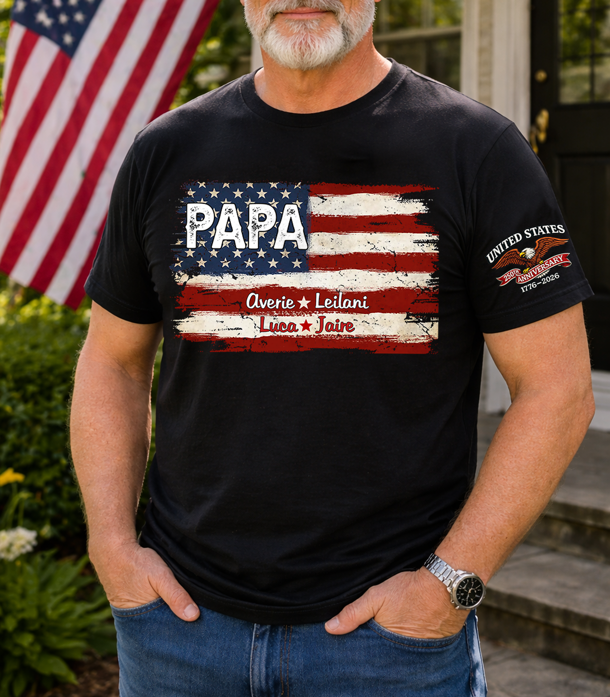 Custom Papa American Flag Shirt with Kids Names, Personalized Patriotic Papa T Shirt Family Gift