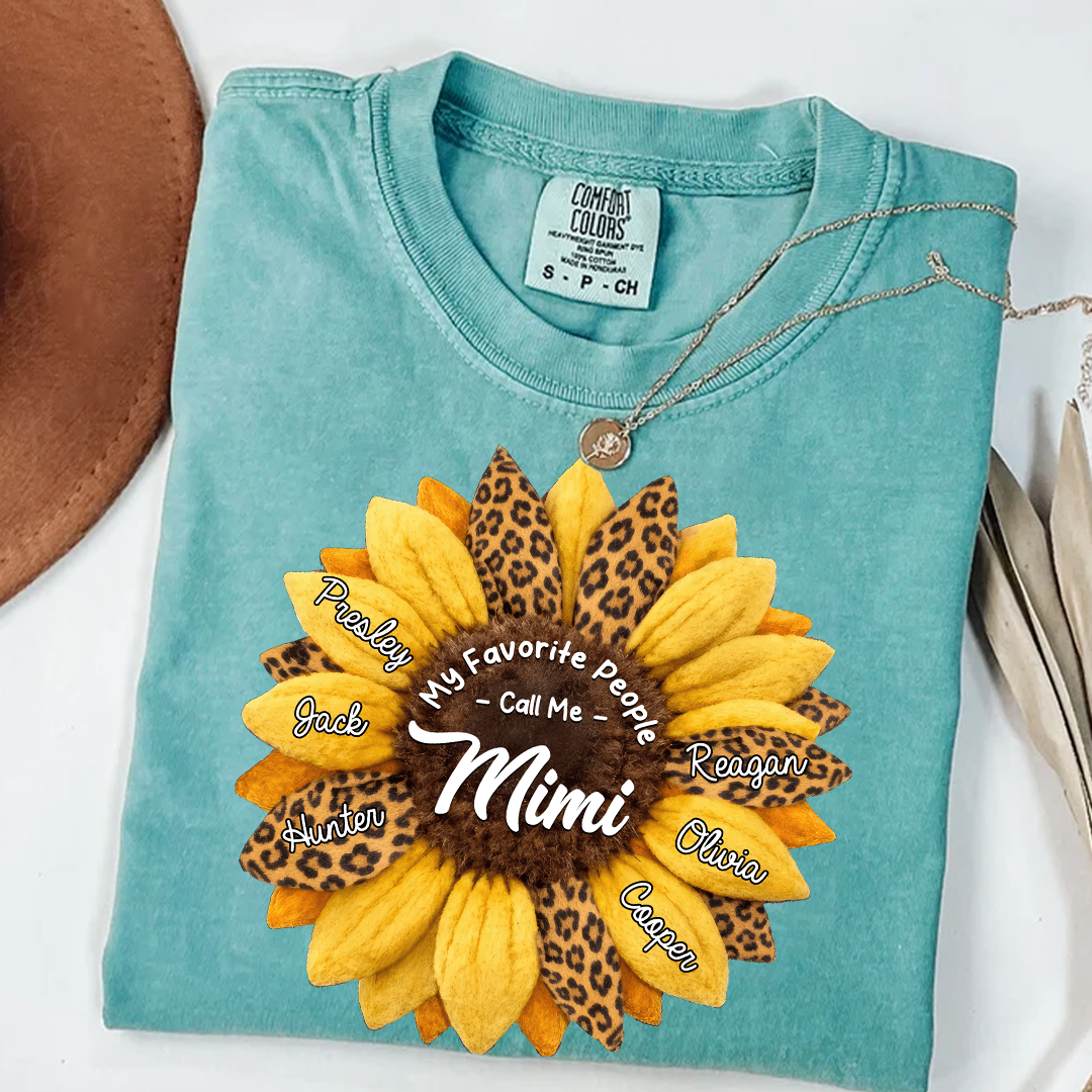 Custom Grandma Shirt, Personalized Sunflower Leopard Print Tee with Kids' Numbers, Gift for Grandma