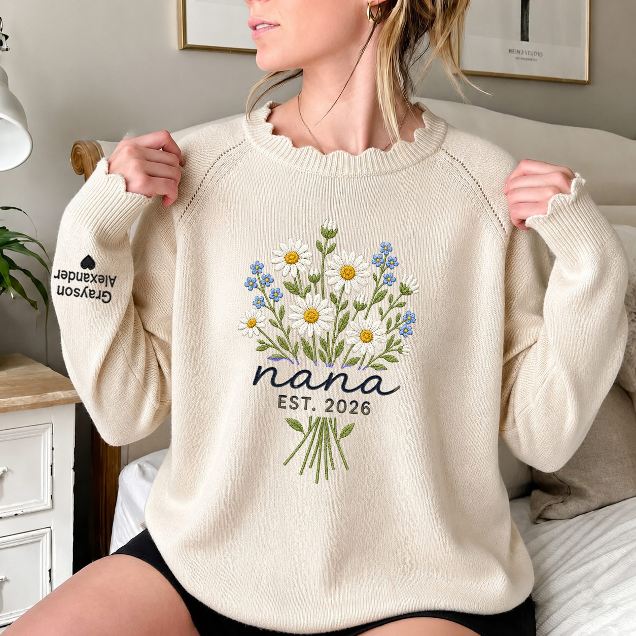 Custom Embroidered Knit Nana Sweater – Personalized Floral EST. 2026 Crewneck with Sleeve Name
