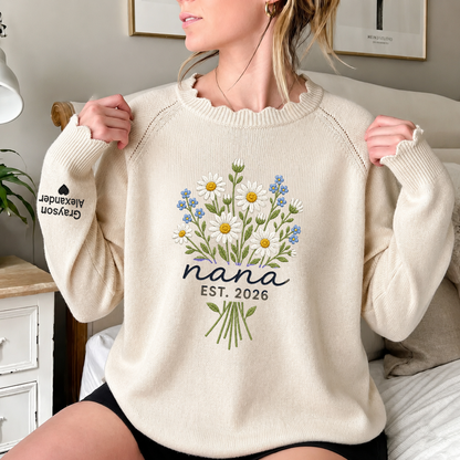 Custom Embroidered Knit Nana Sweater – Personalized Floral EST. 2026 Crewneck with Sleeve Name