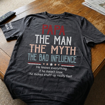 Personalized Papa The Man The Myth The Dad Influence Shirt, Custom Kids Names Sleeve Tee for Grandpa Dad Father Birthday Gift