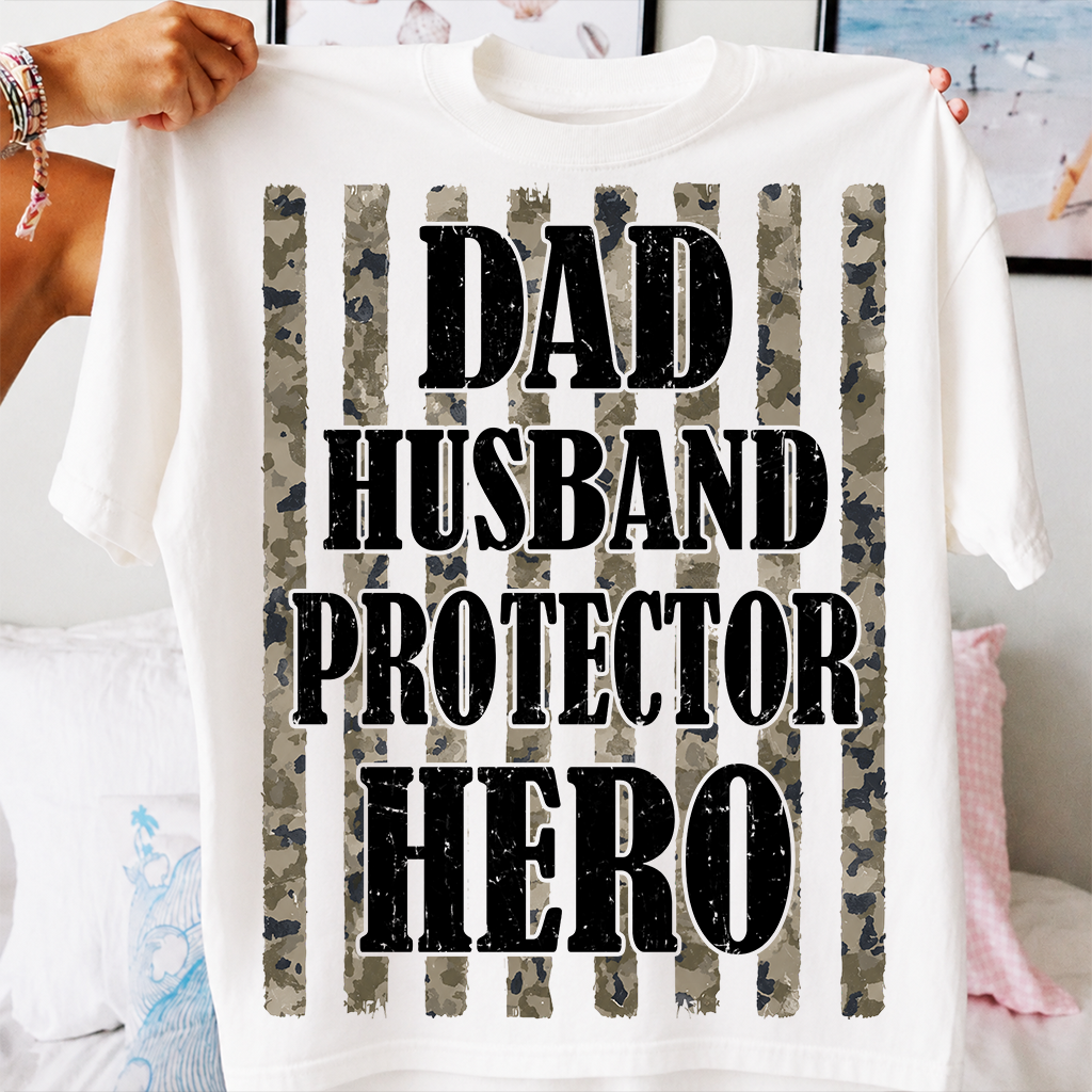 Dad Husband Protector Hero T-Shirt – Camouflage Patriotic Gift for Dad Daddy Papa
