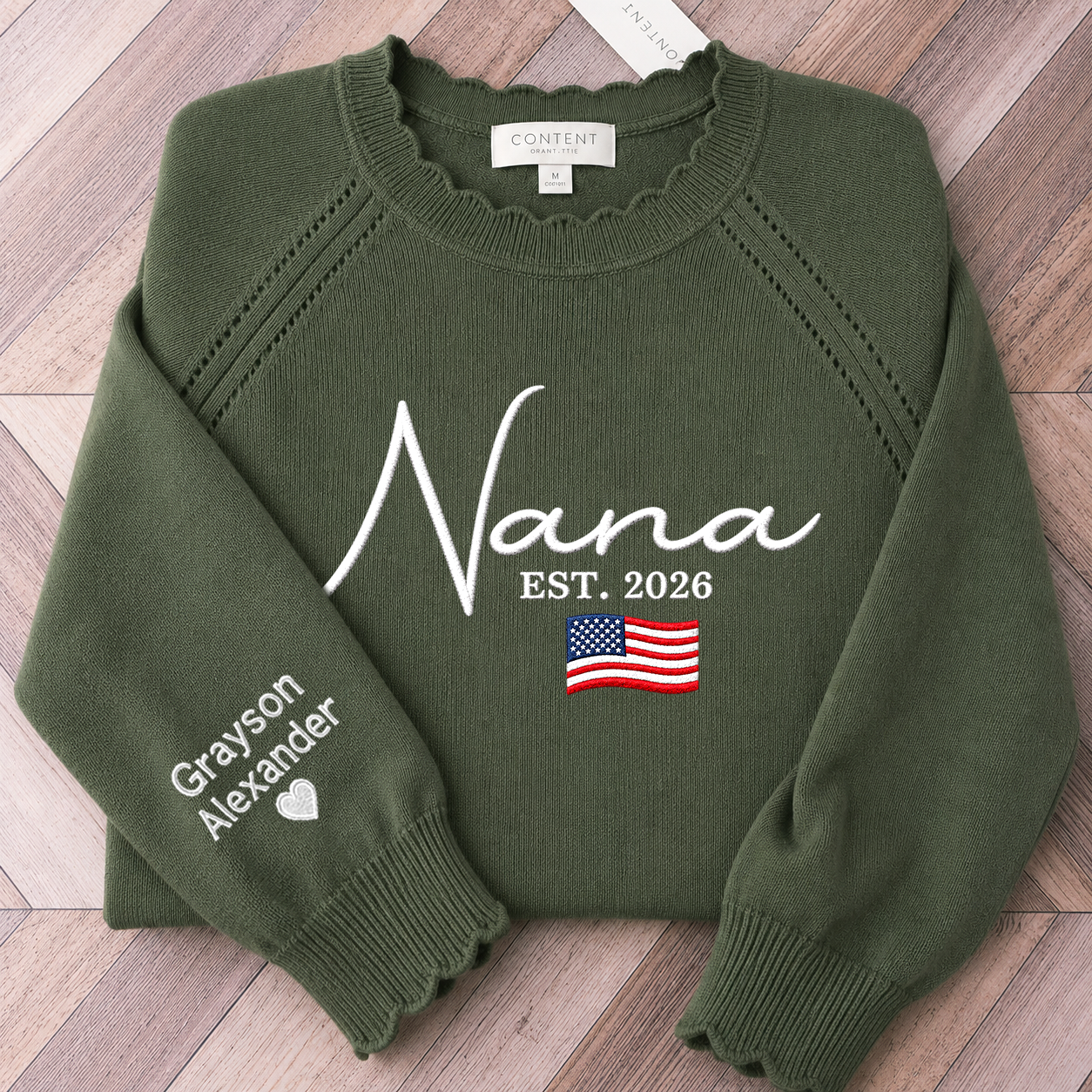 Embroidered Nana Knit Sweater, Personalized Puff Sleeve Crewneck, Custom Sleeve Names, American Flag Grandma Gift