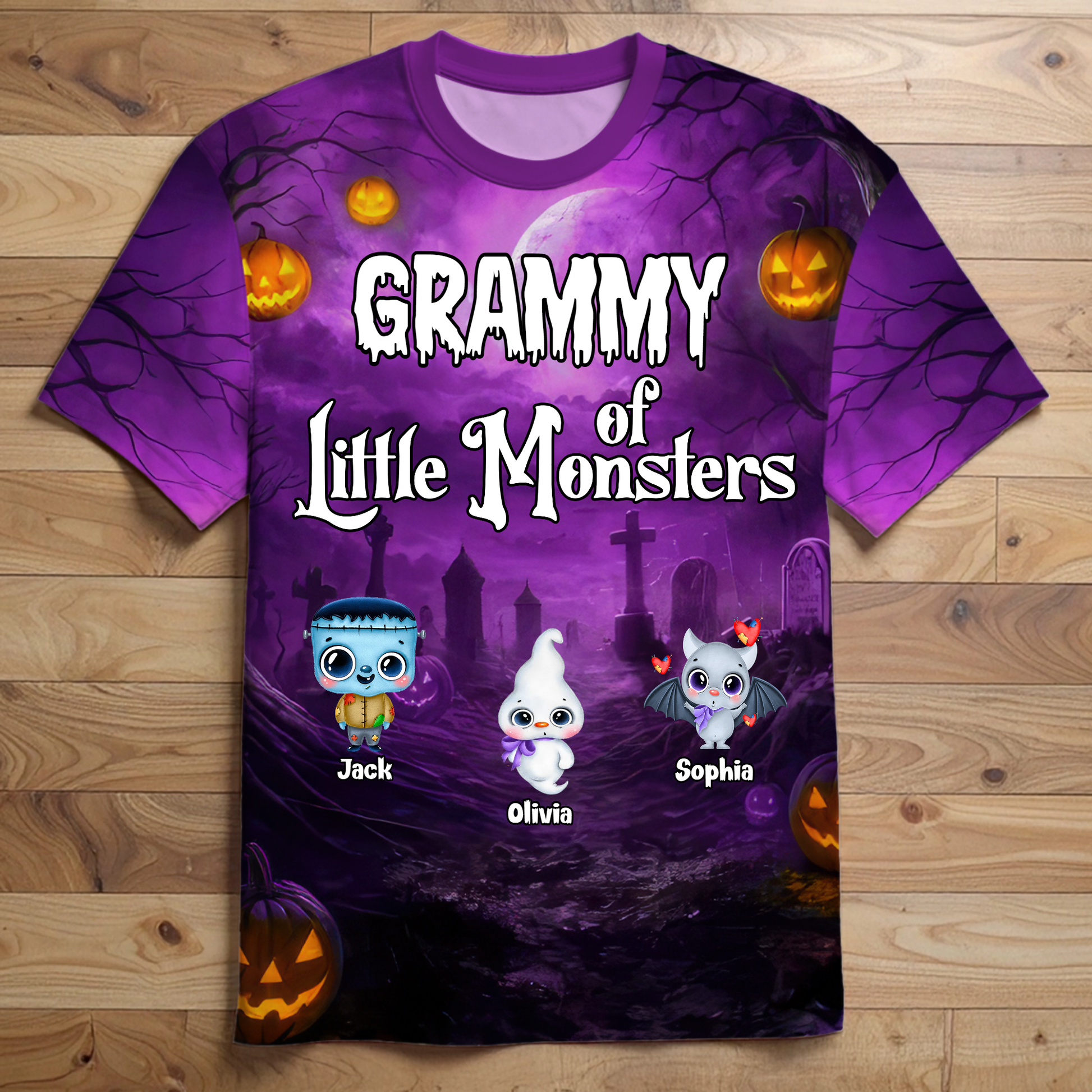 Personalized Grandma Of Little Monsters Halloween 3D Shirt – Custom Grandkids Names & Cute Characters Tee Gift 3D T-Shirt
