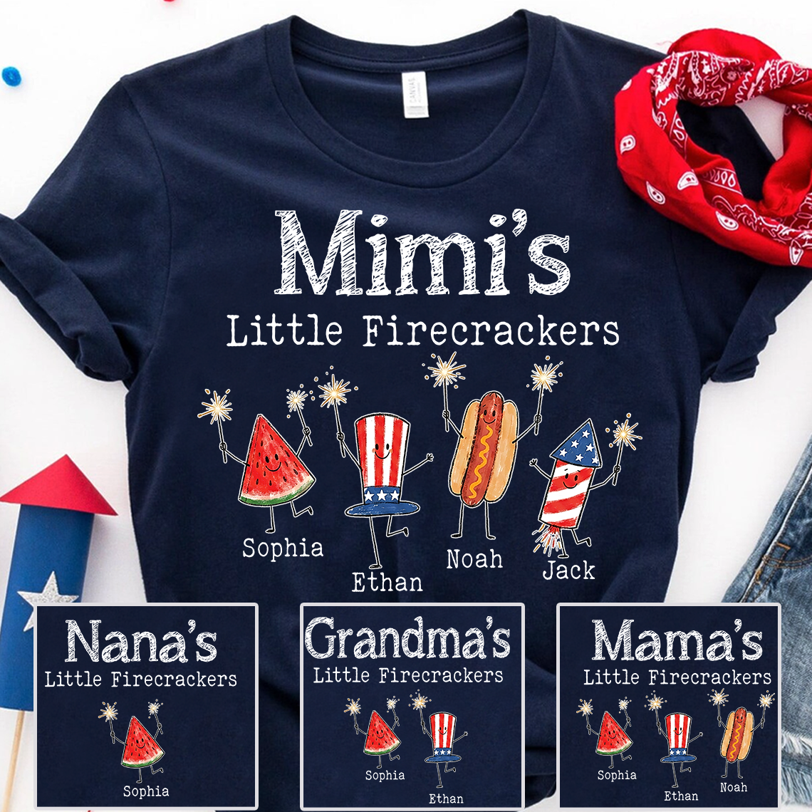Personalized Mimi's Little Firecrackers Shirt, Custom Grandma Tee with Grandkids Names, Patriotic 4th of July Family Shirt for Mimi
