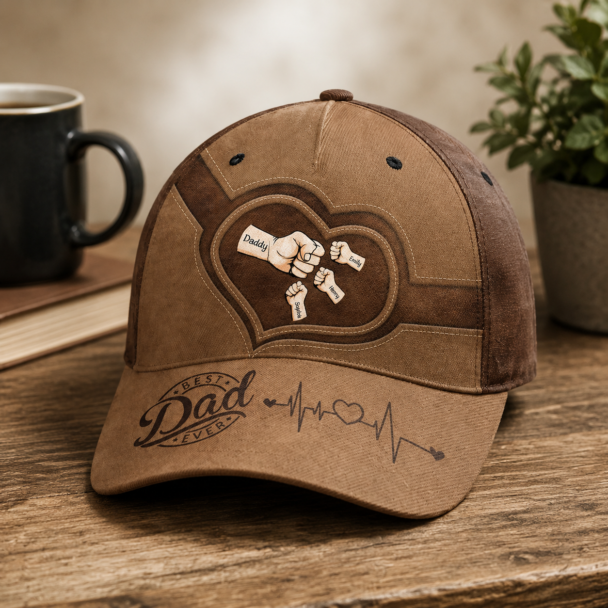 Personalized Best Dad Ever Hat – Custom Fist Bump Design with Kids' Names, Heartbeat Detail, Perfect Father’s Day Gift