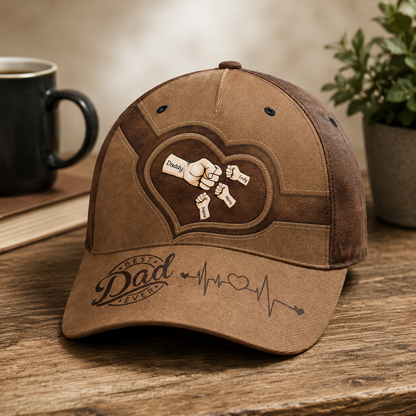 Personalized Best Dad Ever Hat – Custom Fist Bump Design with Kids' Names, Heartbeat Detail, Perfect Father’s Day Gift