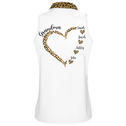 Personalized Name Leopard Grandma with Grandkids Sleeveless Polo Shirt, Gift for Mother's Day