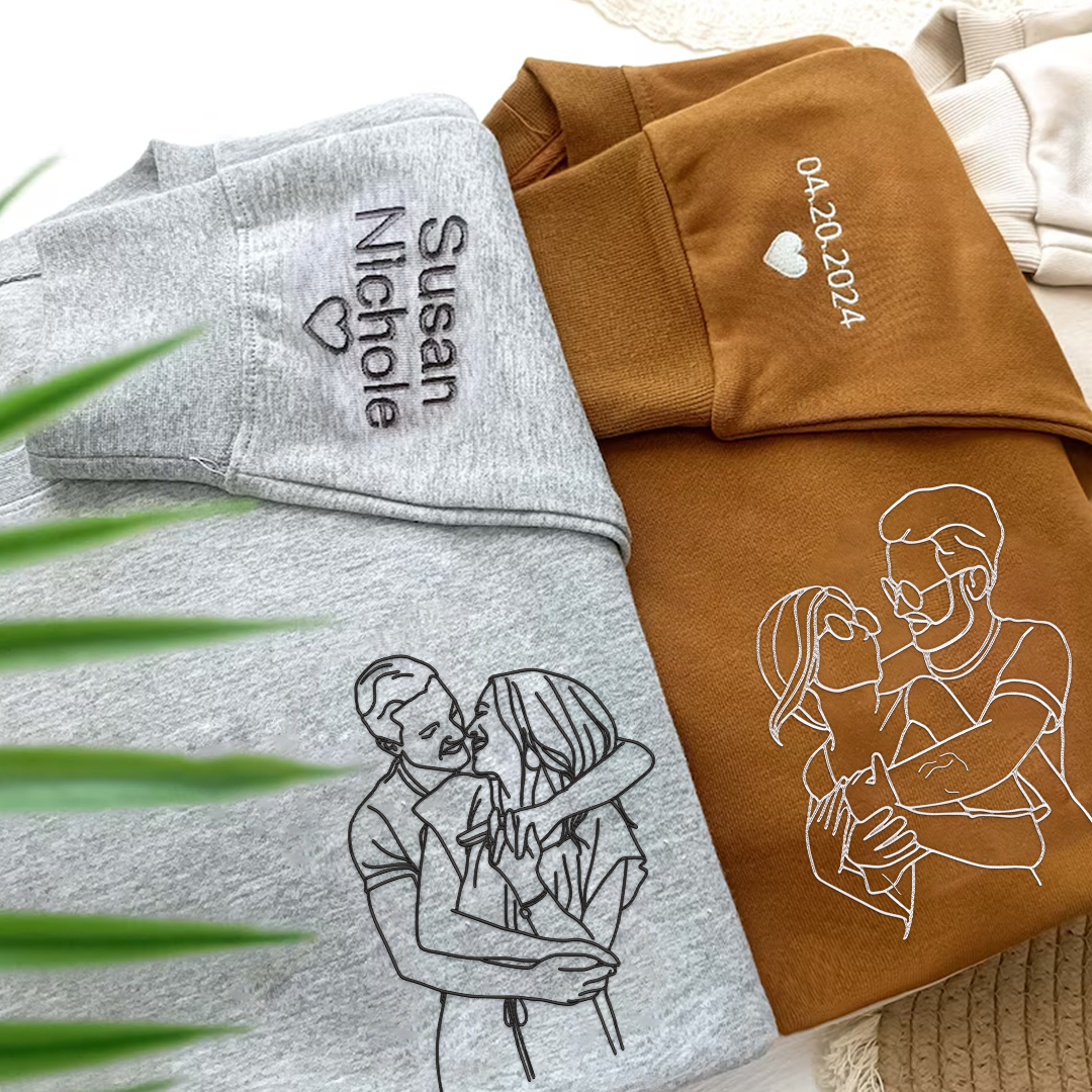 Custom Portrait From Photo, Couple Drawing, Personalized Family Portraits Embroidered Sweatshirt